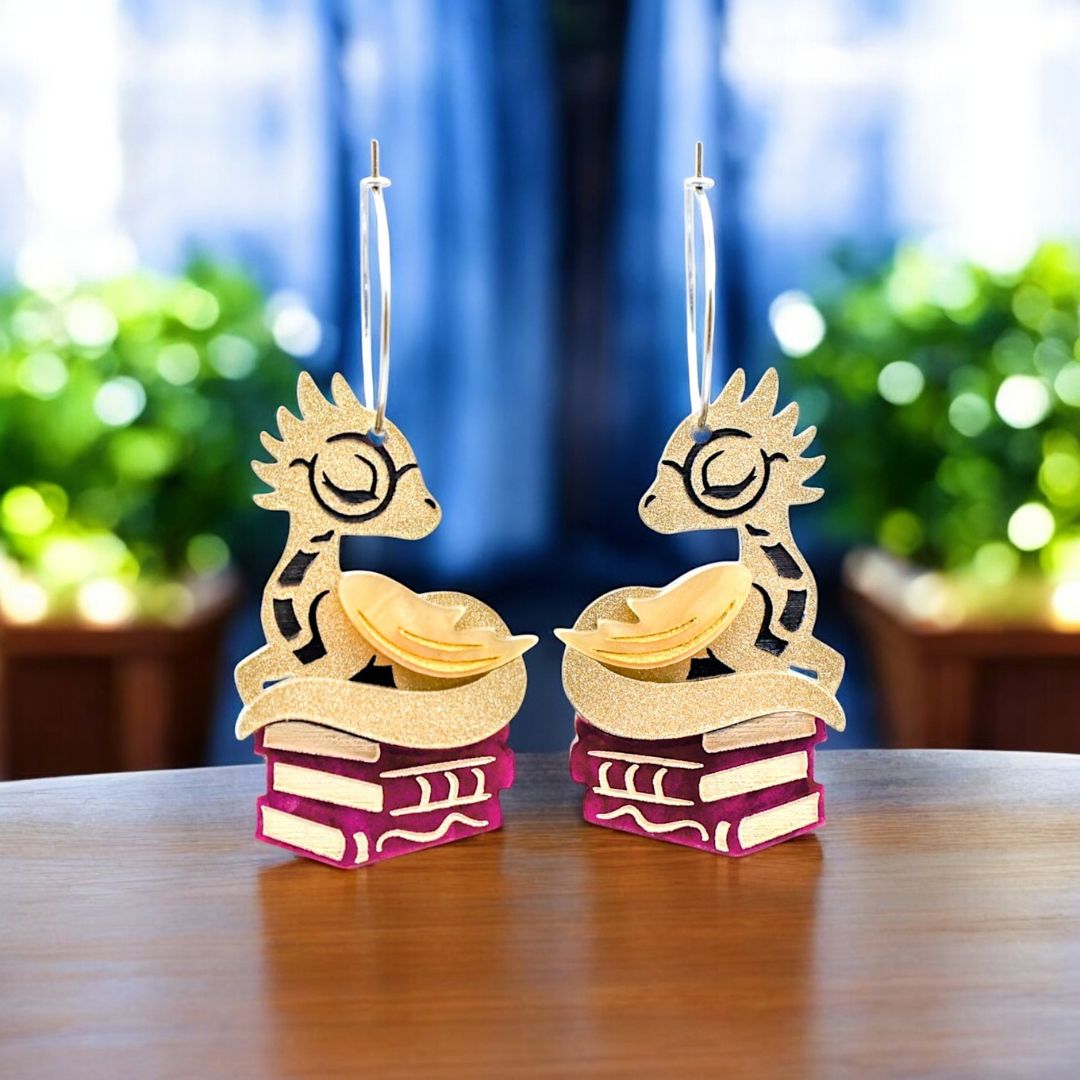 NEW Sleepy Book Dragon Hoop Earrings - Handmade Fantasy Jewellery