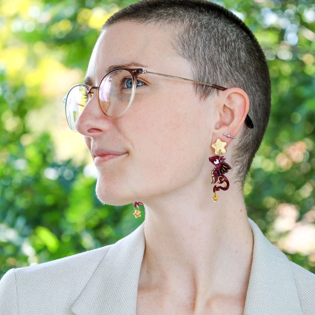 3D ‘Stella’ Dragon Dangles - Acrylic Dangle Earrings - Handmade Fantasy Jewellery