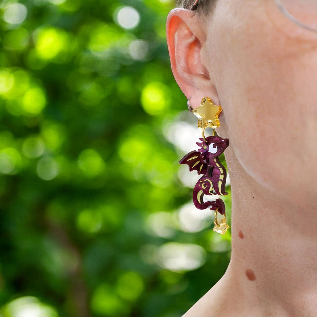 3D ‘Stella’ Dragon Dangles - Acrylic Dangle Earrings - Handmade Fantasy Jewellery