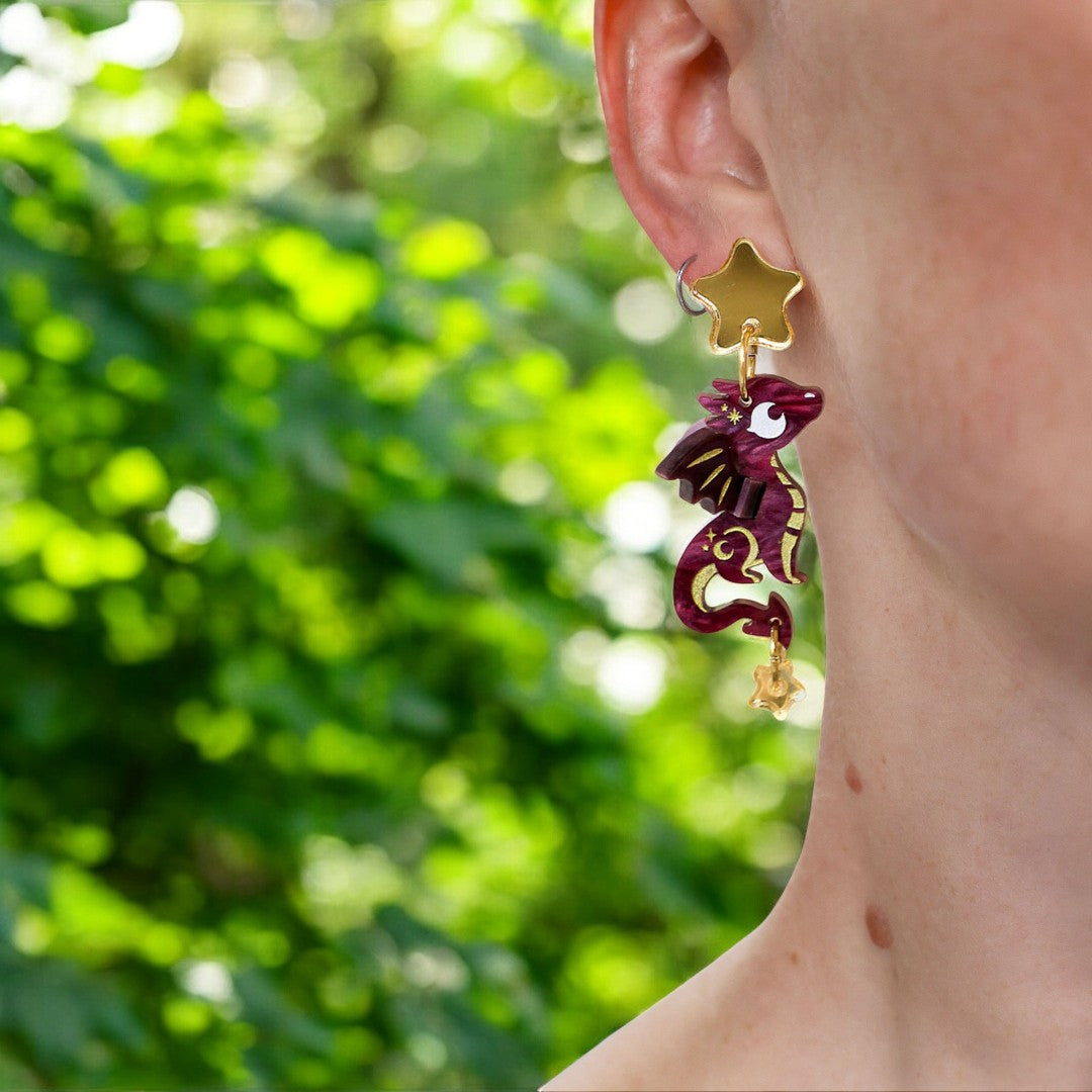 3D ‘Stella’ Dragon Dangles - Acrylic Dangle Earrings - Handmade Fantasy Jewellery